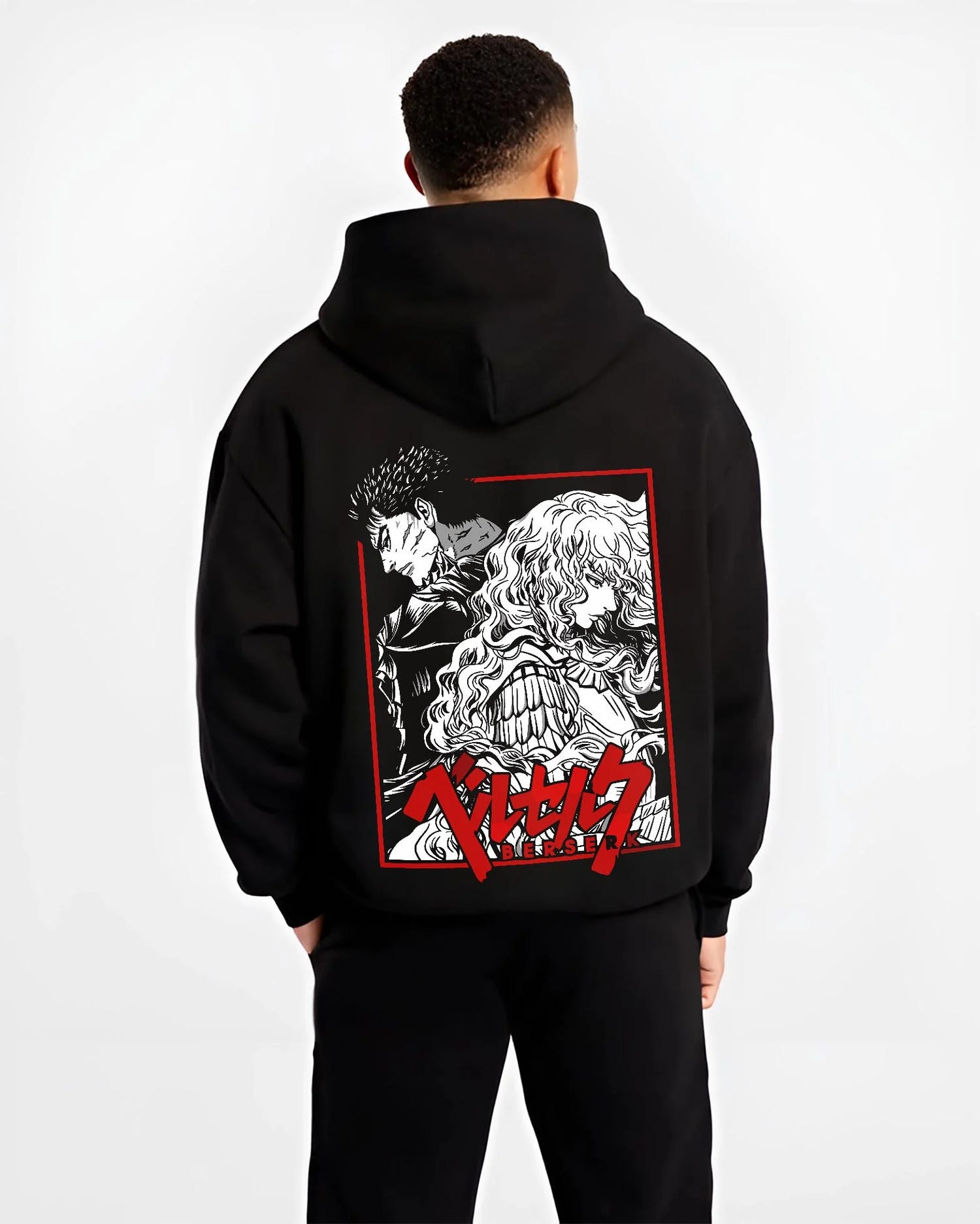 Black hoodie worn by male model, back view with Guts Hoodie Berserk Dragonslayer Sword Battle Rage graphic Guts anime design.