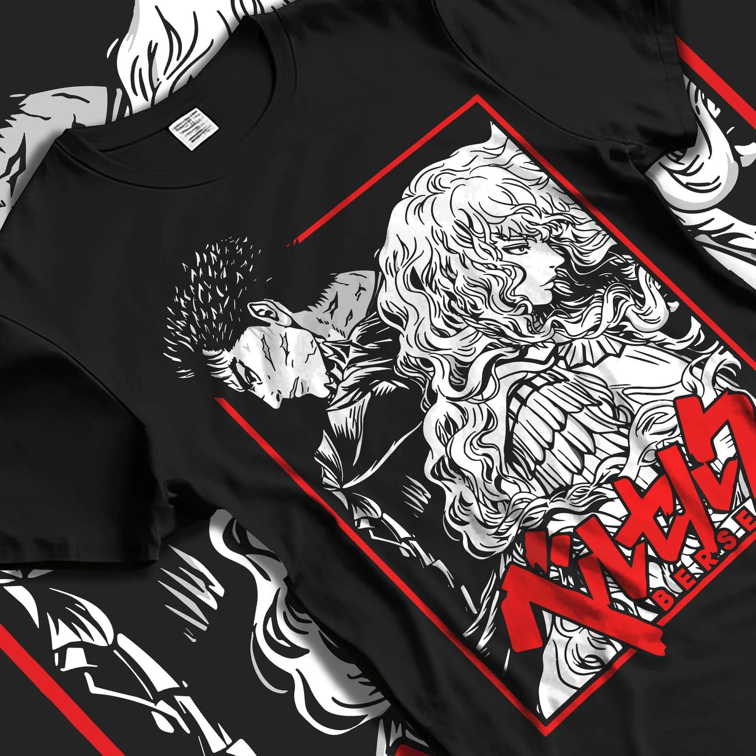 Black T-shirt laid flat with natural folds with Guts Hoodie Berserk Dragonslayer Sword Battle Rage graphic bold anime graphic.