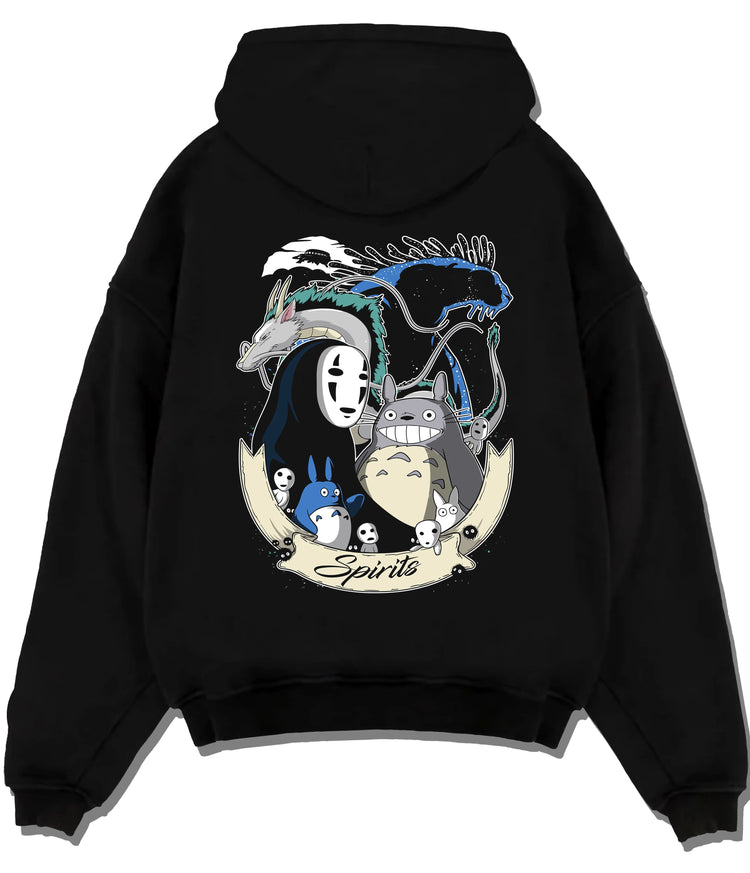 Black hoodie flat back view showing Studio Ghibli: Totoro, No-Face and forest spirits