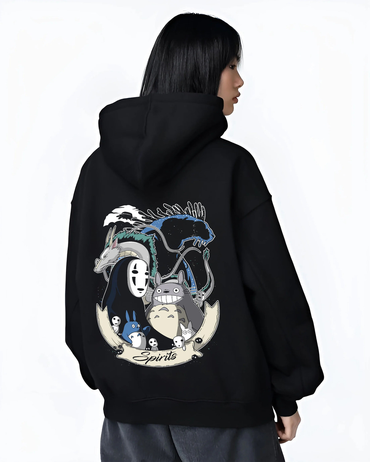 Black hoodie female model back view showing Studio Ghibli: Totoro, No-Face and forest spirits