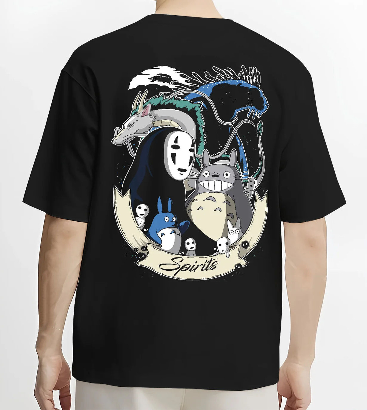 Black T-shirt model back view showing Studio Ghibli: Totoro, No-Face and forest spirits