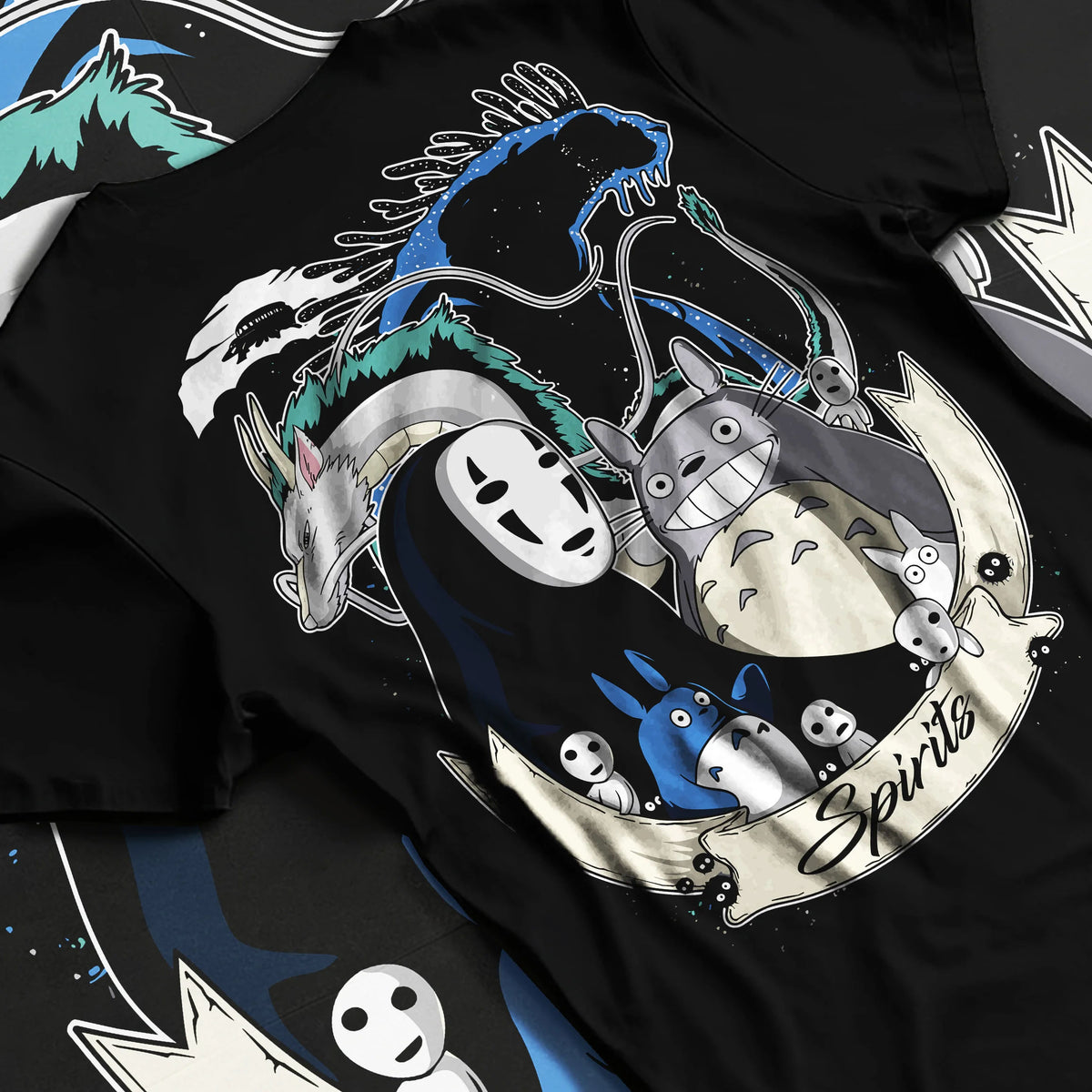 Black T-shirt flat back view showing Studio Ghibli: Totoro, No-Face and forest spirits