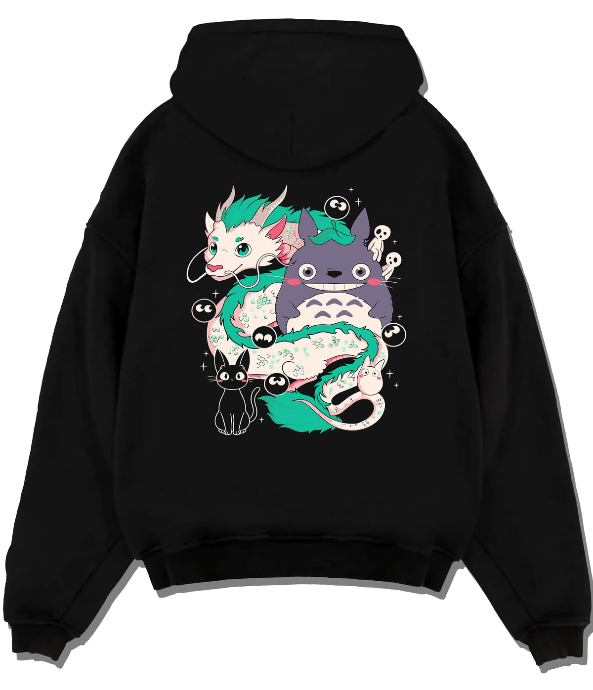 Black hoodie flat back view showing Studio Ghibli crossover: Haku, Totoro and spirits