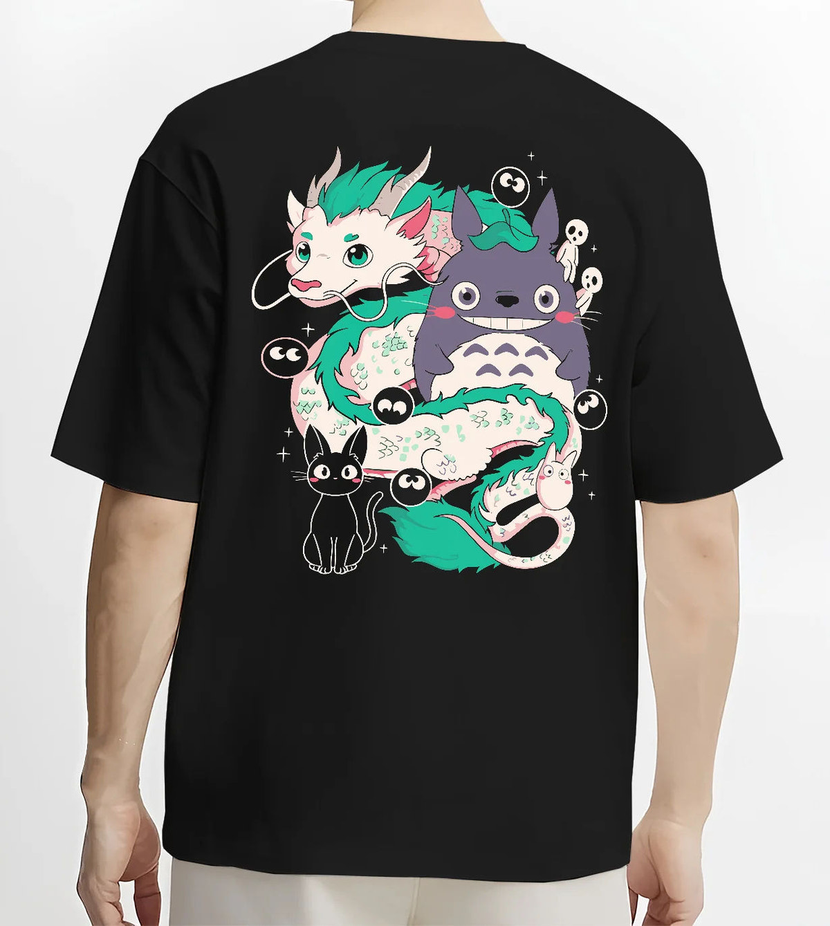 Black T-shirt model back view showing Studio Ghibli crossover: Haku, Totoro and spirits