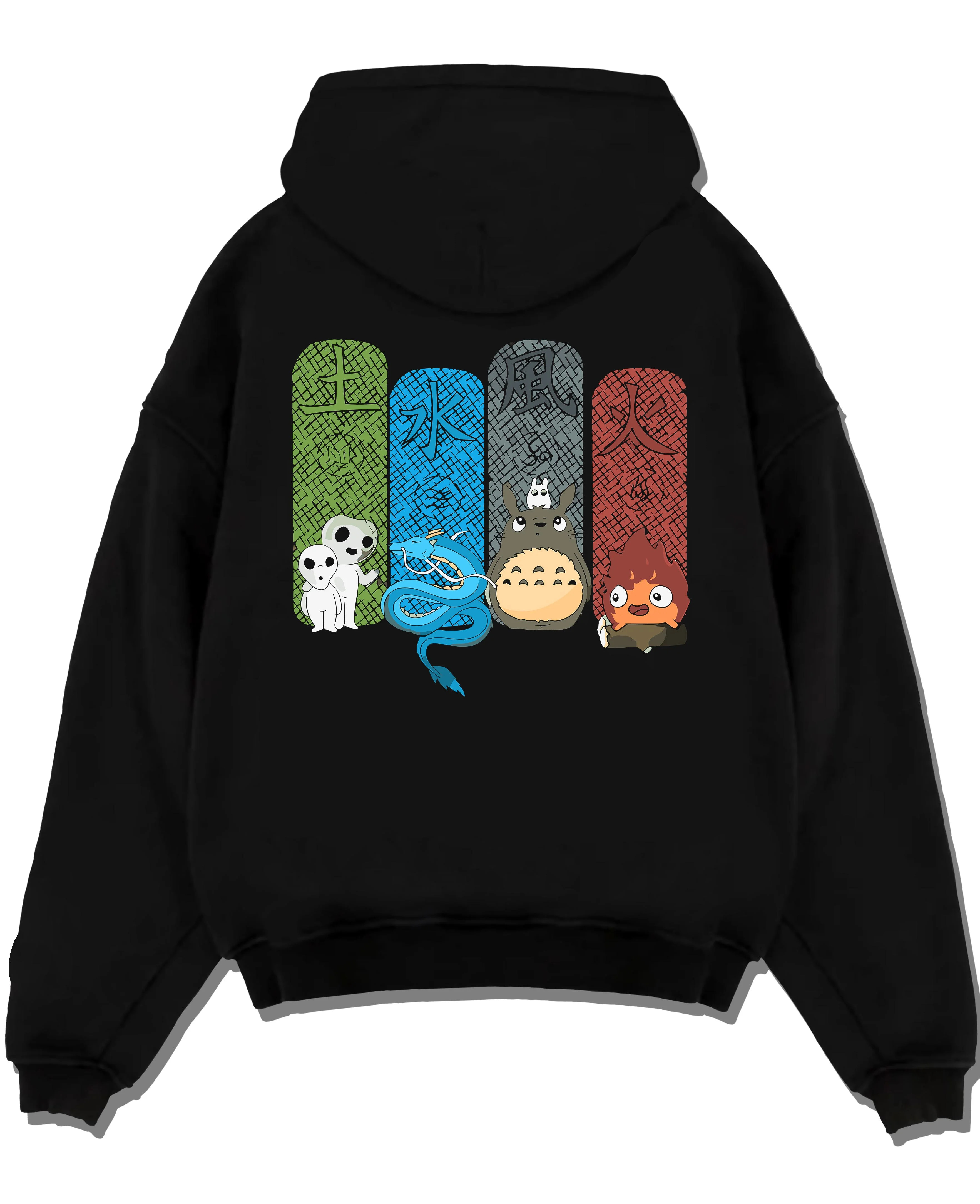 Black pullover hoodie laid flat with Studio Ghibli Hoodie Totoro Spirited Forest Jumper graphic streetwear graphic.