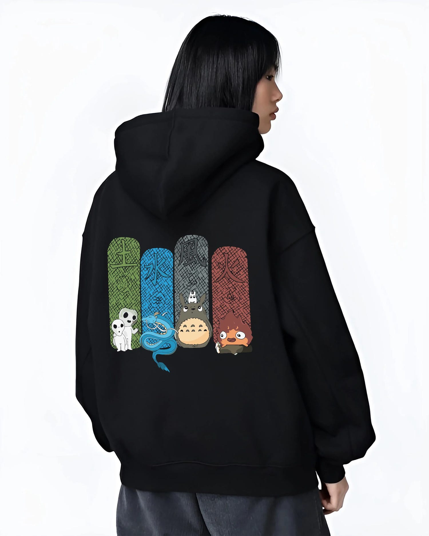 Black hoodie worn by female model, back view with Studio Ghibli Hoodie Totoro Spirited Forest Jumper graphic streetwear graphic.
