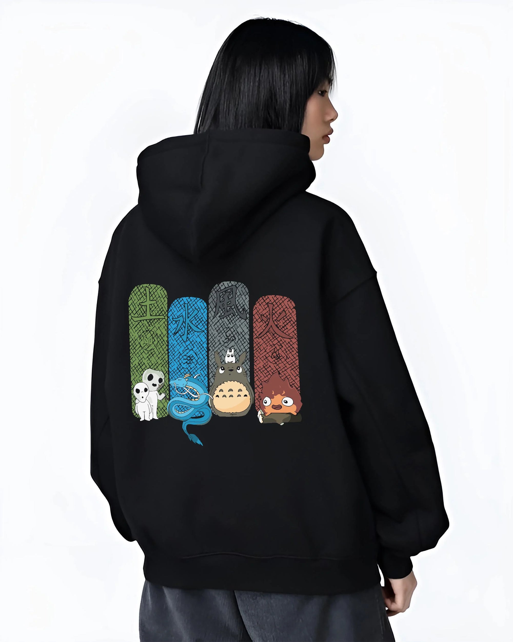 Black hoodie worn by female model, back view with Studio Ghibli Hoodie Totoro Spirited Forest Jumper graphic streetwear graphic.