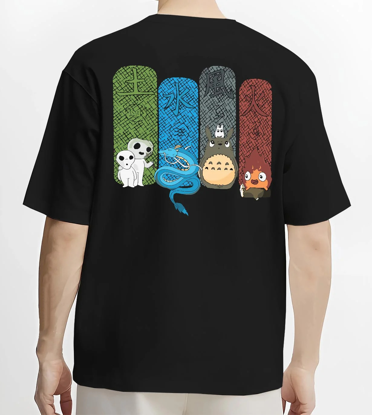 Black T-shirt worn by male model, back view with Studio Ghibli Hoodie Totoro Spirited Forest Jumper graphic premium wear.