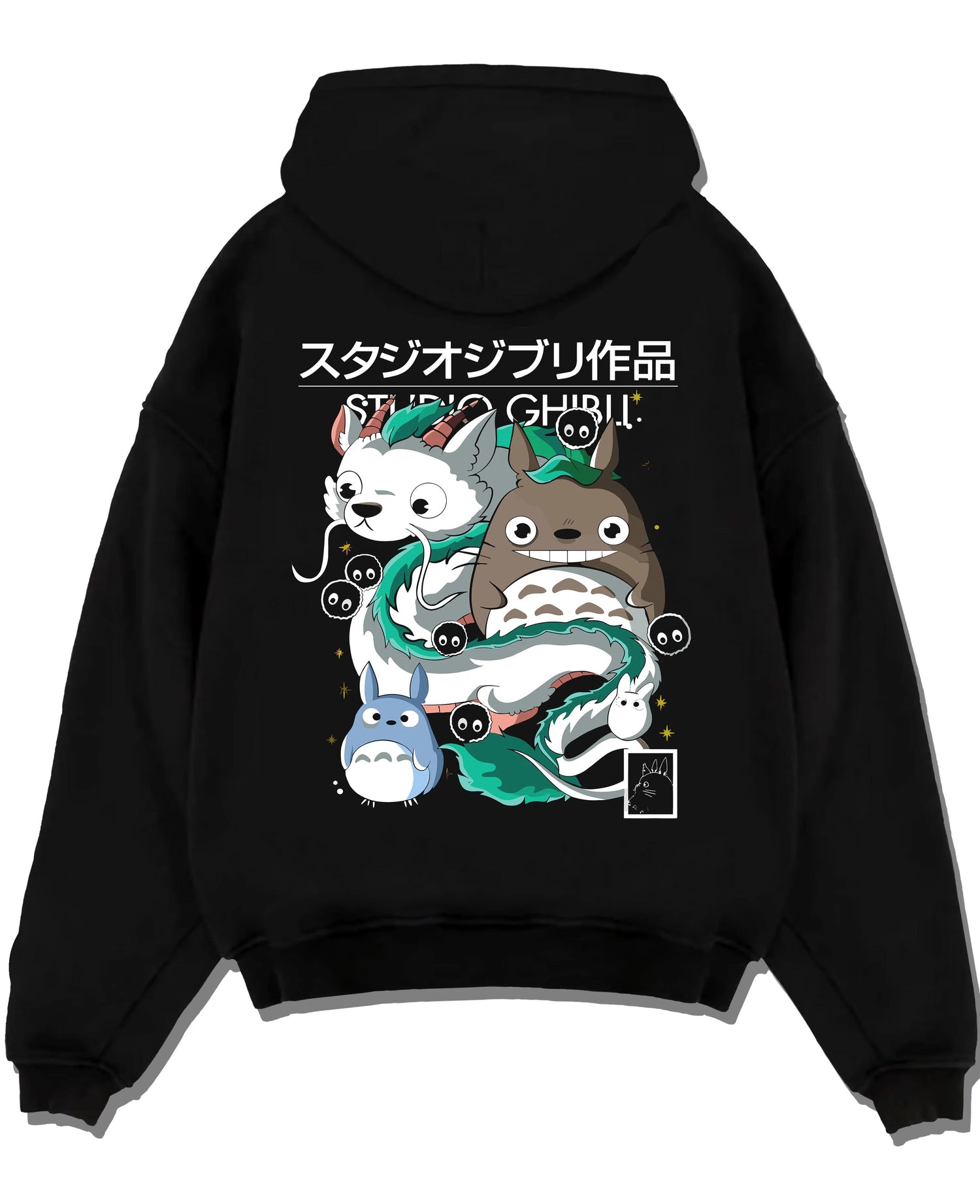 Black pullover hoodie laid flat with Studio Ghibli Hoodie Totoro Blue White Jumper graphic premium wear.