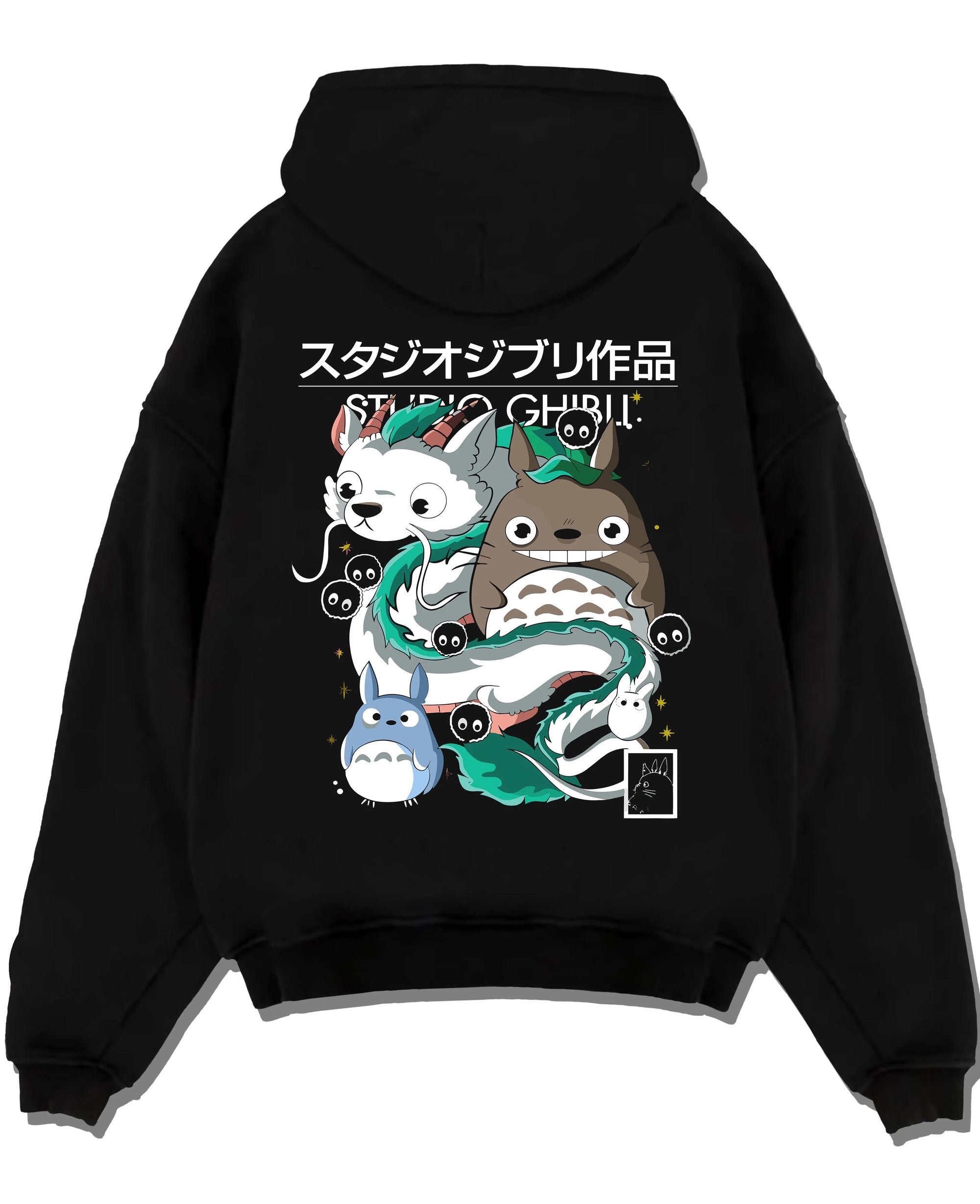 Black pullover hoodie laid flat with Studio Ghibli Hoodie Totoro Blue White Jumper graphic premium wear.