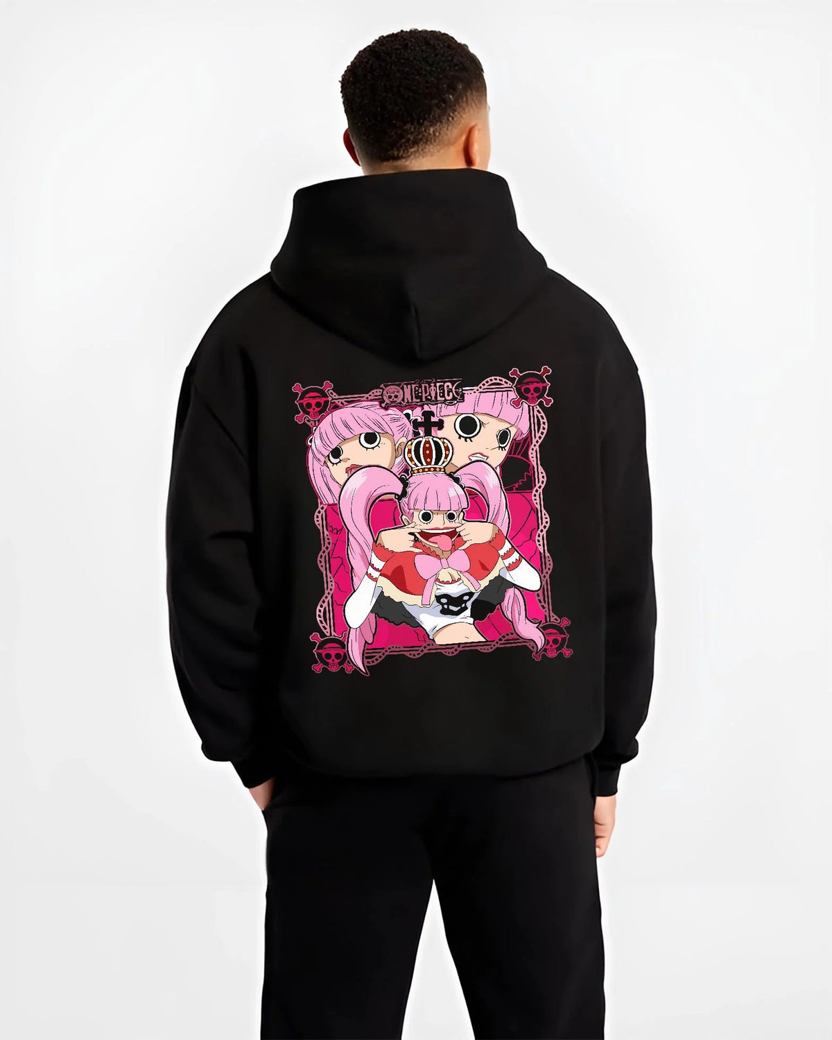 Black hoodie worn by male model from the back featuring Perona One Piece ghost princess artwork.