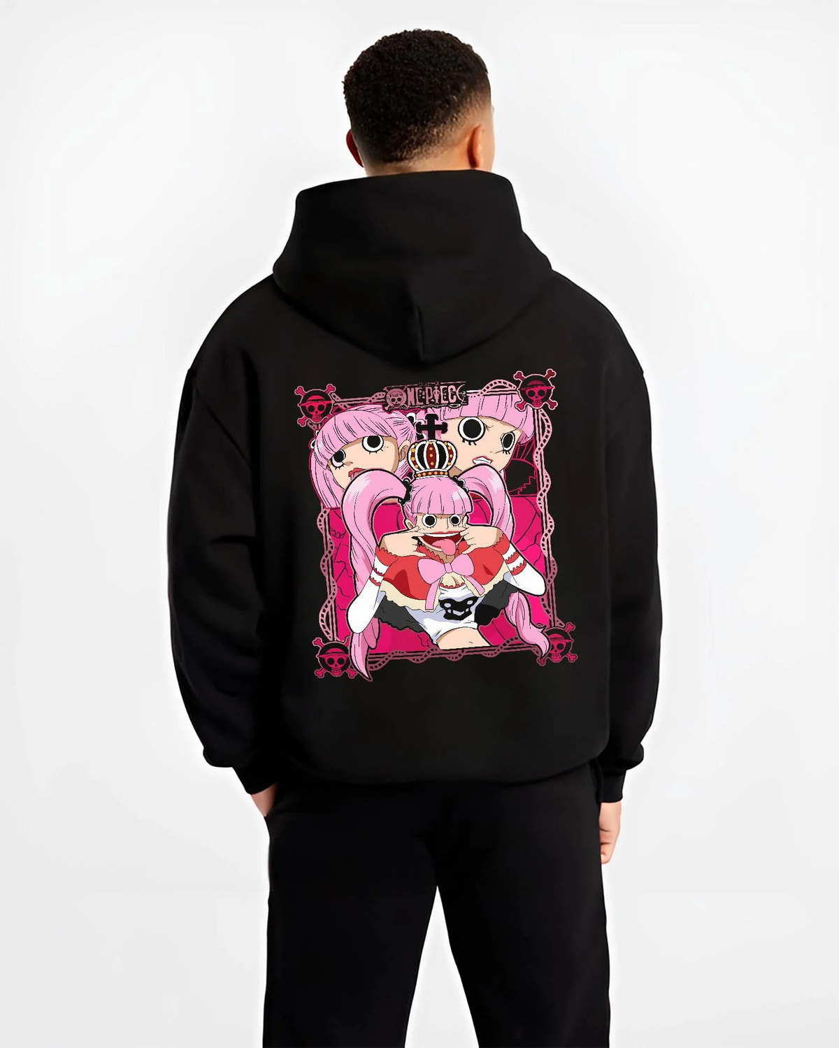 Black hoodie worn by male model from the back featuring Perona One Piece ghost princess artwork.