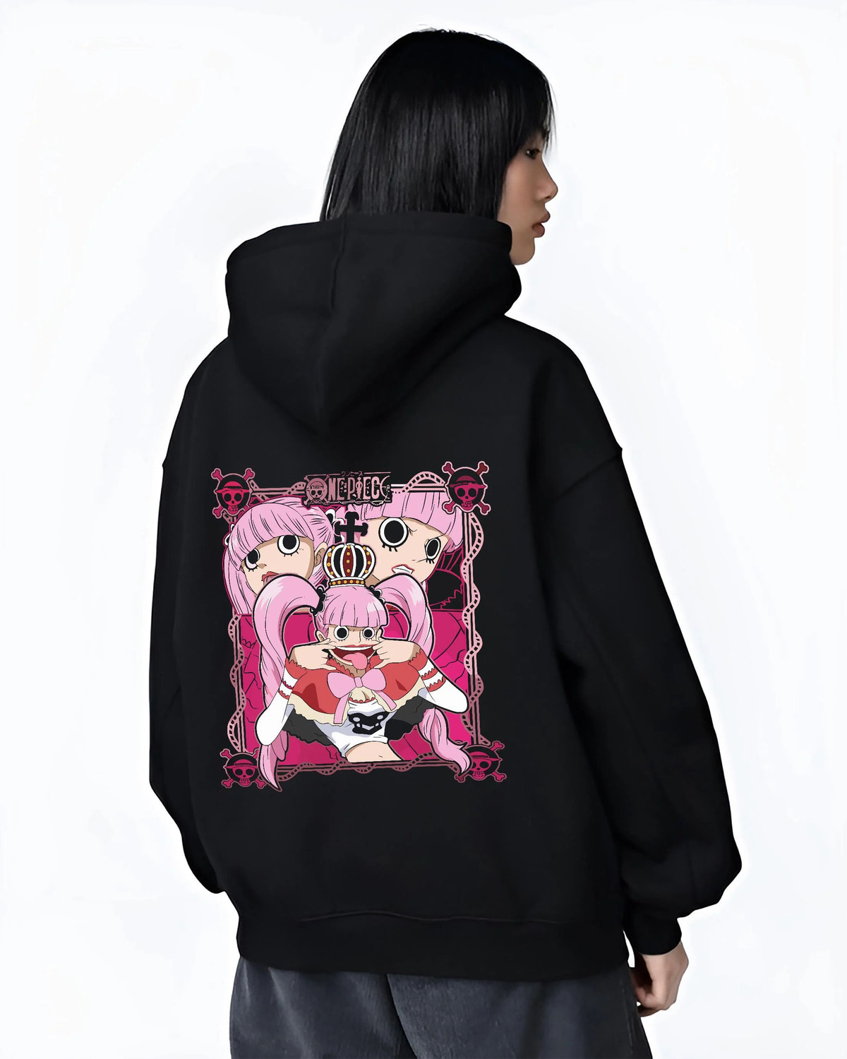 Black hoodie worn by female model from the back featuring Perona One Piece ghost princess artwork.