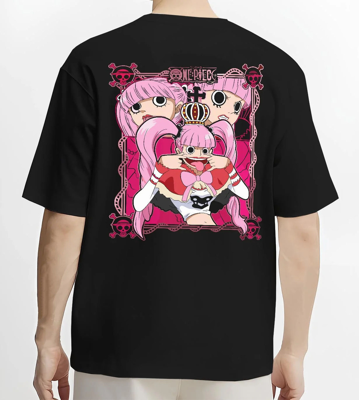 Black T-shirt worn by male model from the back featuring Perona One Piece ghost princess artwork.
