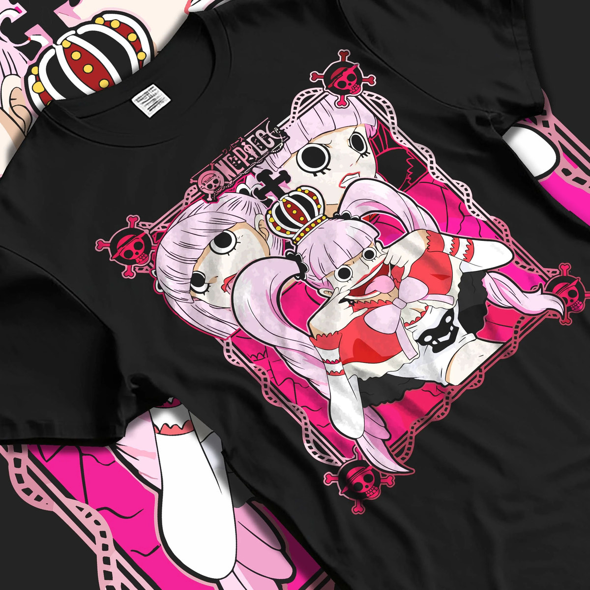 Black T-shirt laid flat with natural folds featuring Perona One Piece ghost princess artwork.