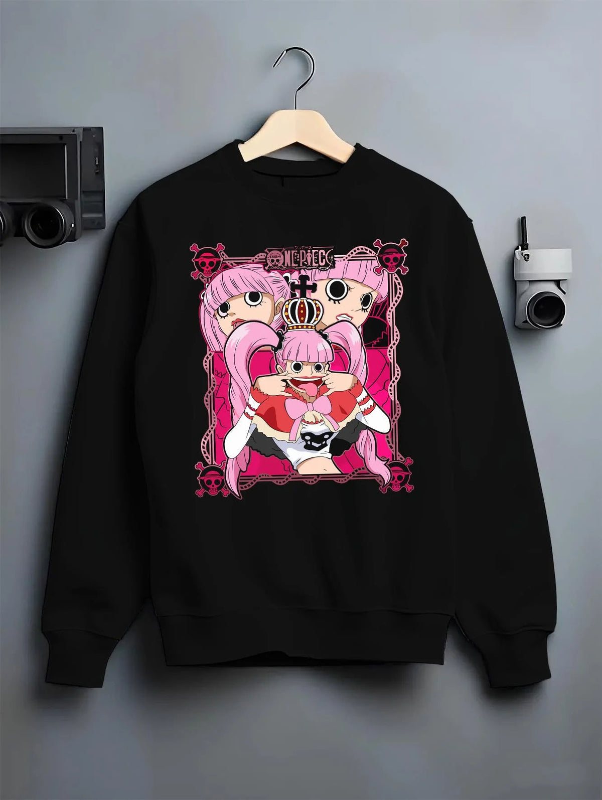 Black crewneck sweatshirt on hanger featuring Perona One Piece ghost princess artwork.