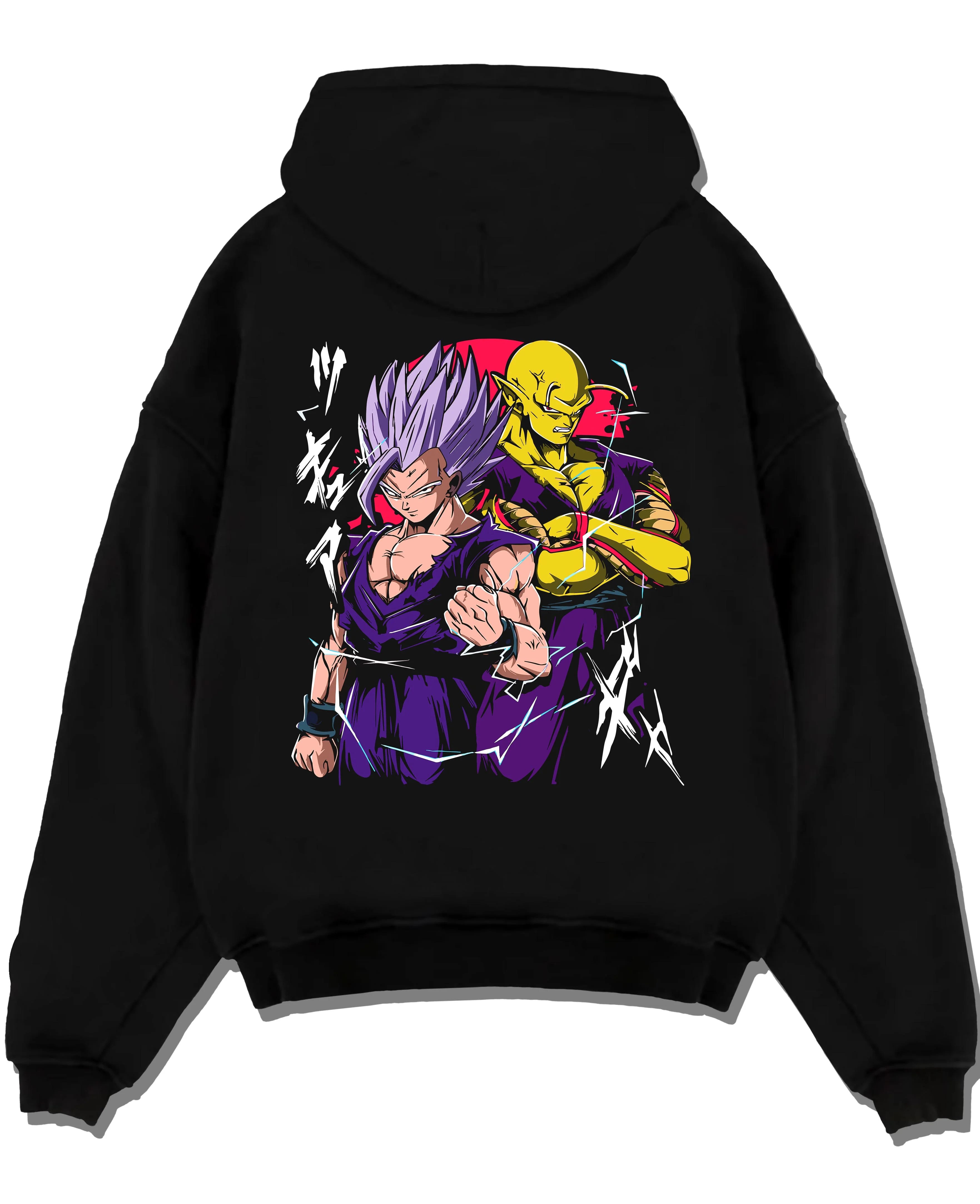 Black pullover hoodie laid flat with Piccolo Hoodie Dragon Ball Z Purple Warrior Fusion graphic bold anime graphic.