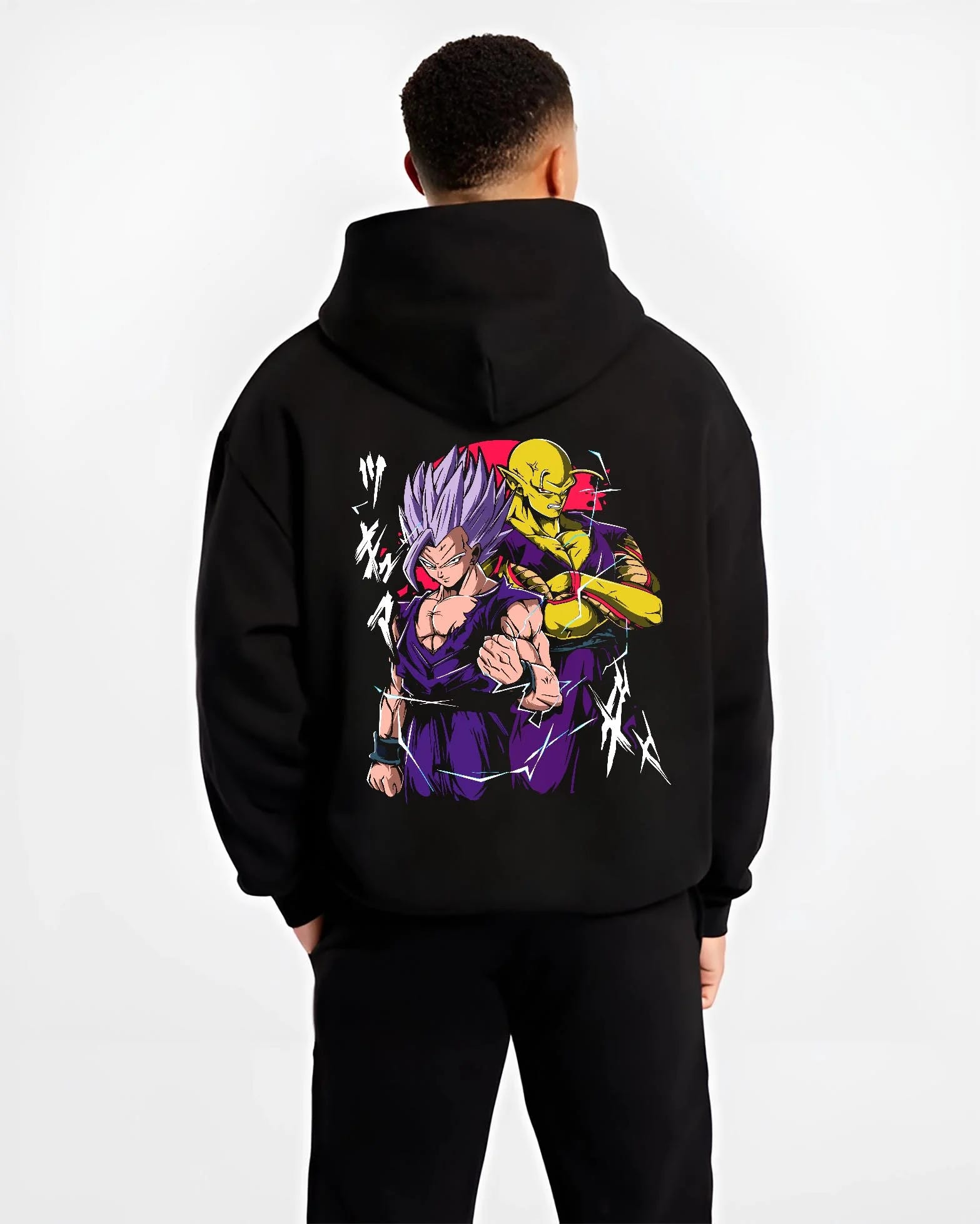 Black hoodie worn by male model, back view with Piccolo Hoodie Dragon Ball Z Purple Warrior Fusion graphic streetwear graphic.