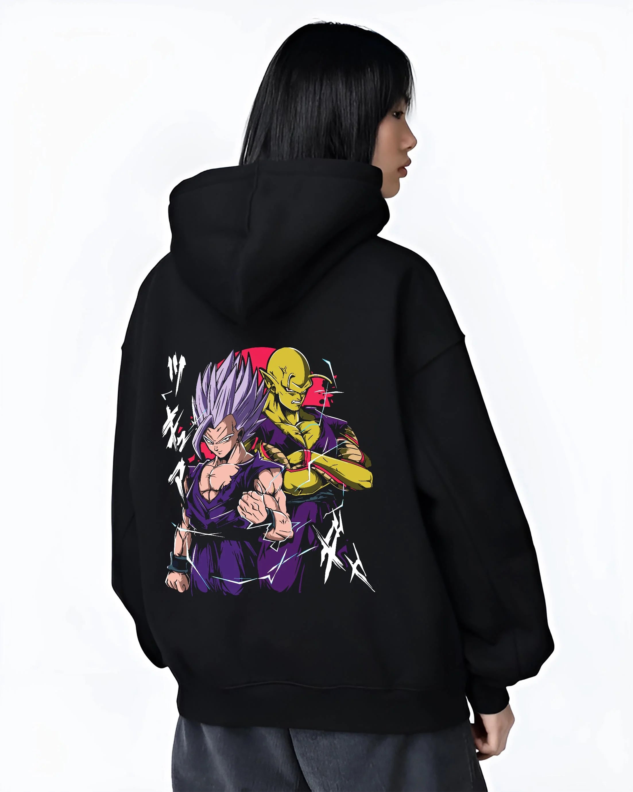 Black hoodie worn by female model, back view with Piccolo Hoodie Dragon Ball Z Purple Warrior Fusion graphic premium wear.