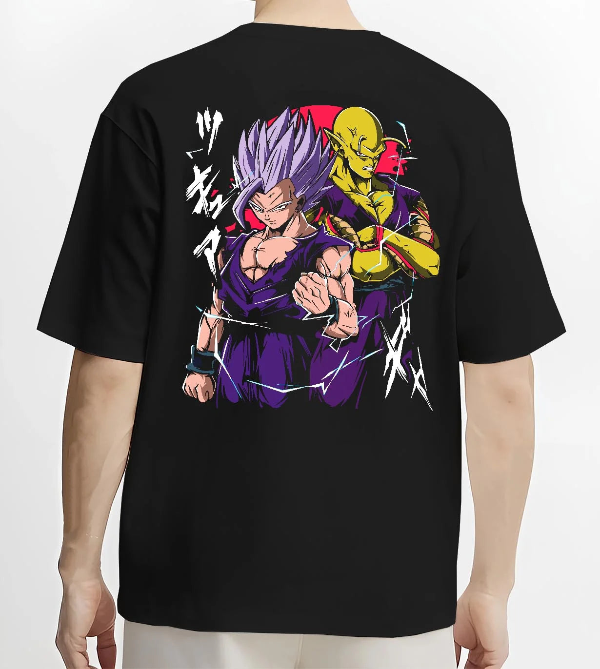 Black T-shirt worn by male model, back view with Piccolo Hoodie Dragon Ball Z Purple Warrior Fusion graphic premium wear.
