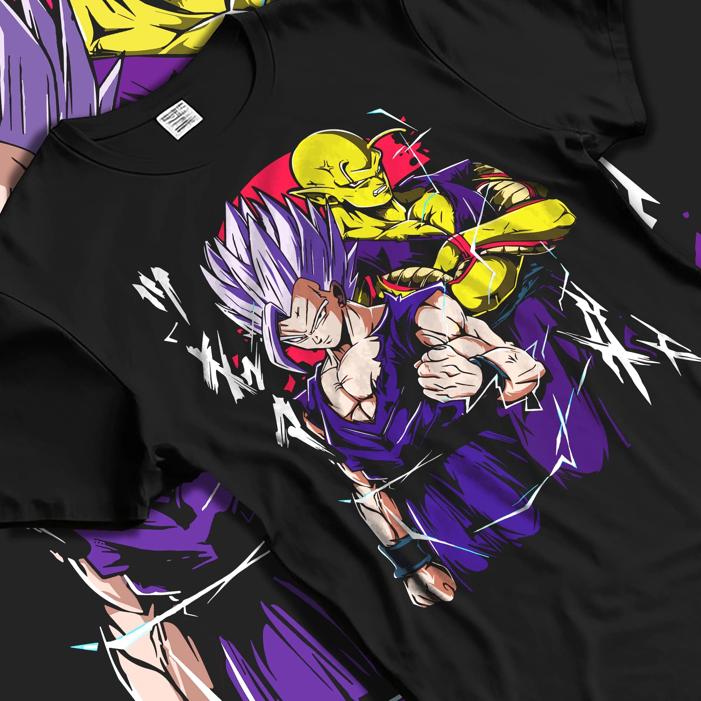 Black T-shirt laid flat with natural folds with Piccolo Hoodie Dragon Ball Z Purple Warrior Fusion graphic premium wear.