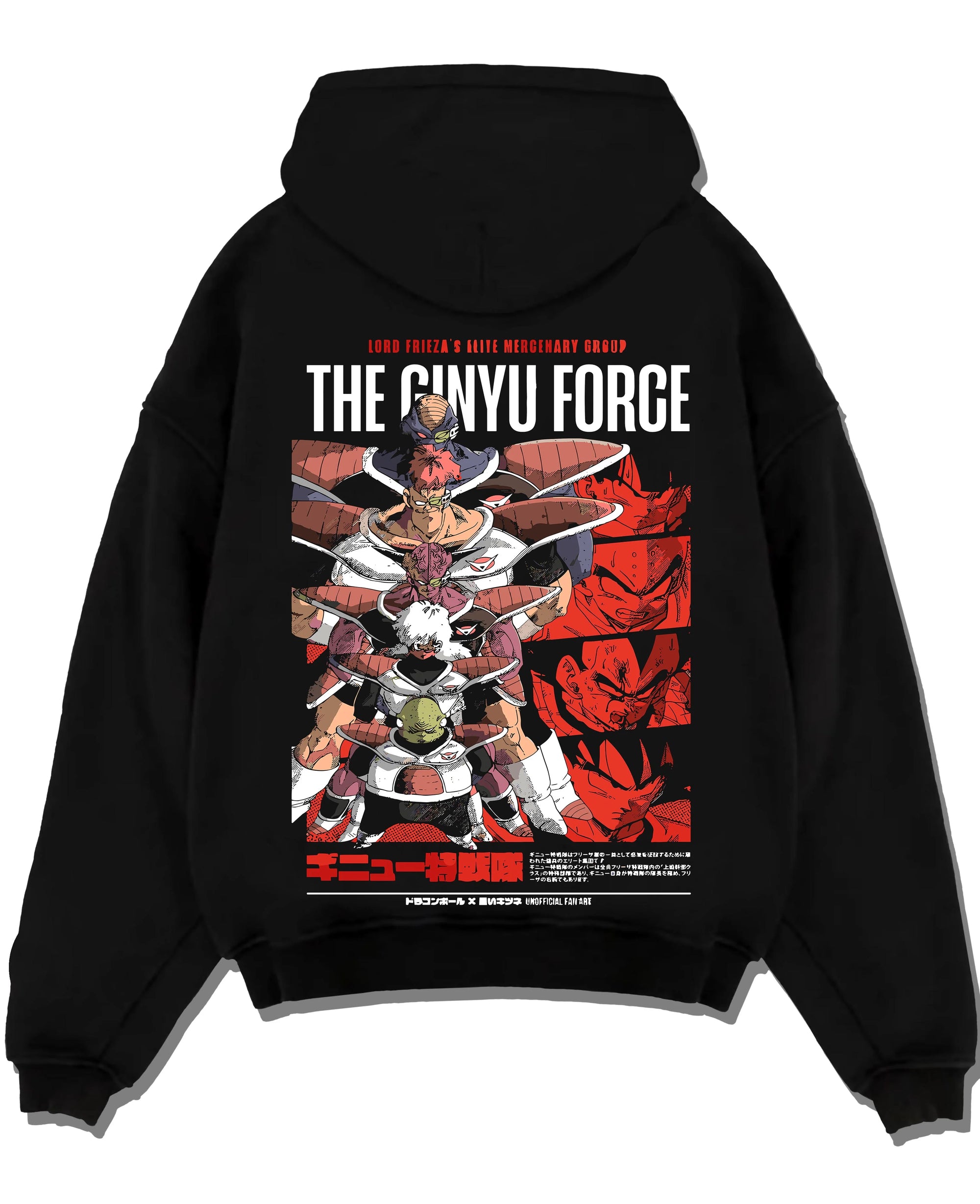 Black pullover hoodie laid flat with Dragon Ball Z Hoodie Ginyu Force Squad Jumper graphic bold anime graphic.