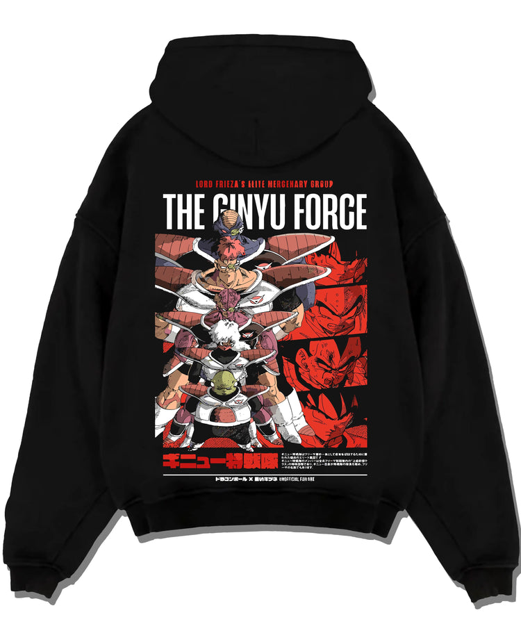 Black pullover hoodie laid flat with Dragon Ball Z Hoodie Ginyu Force Squad Jumper graphic bold anime graphic.