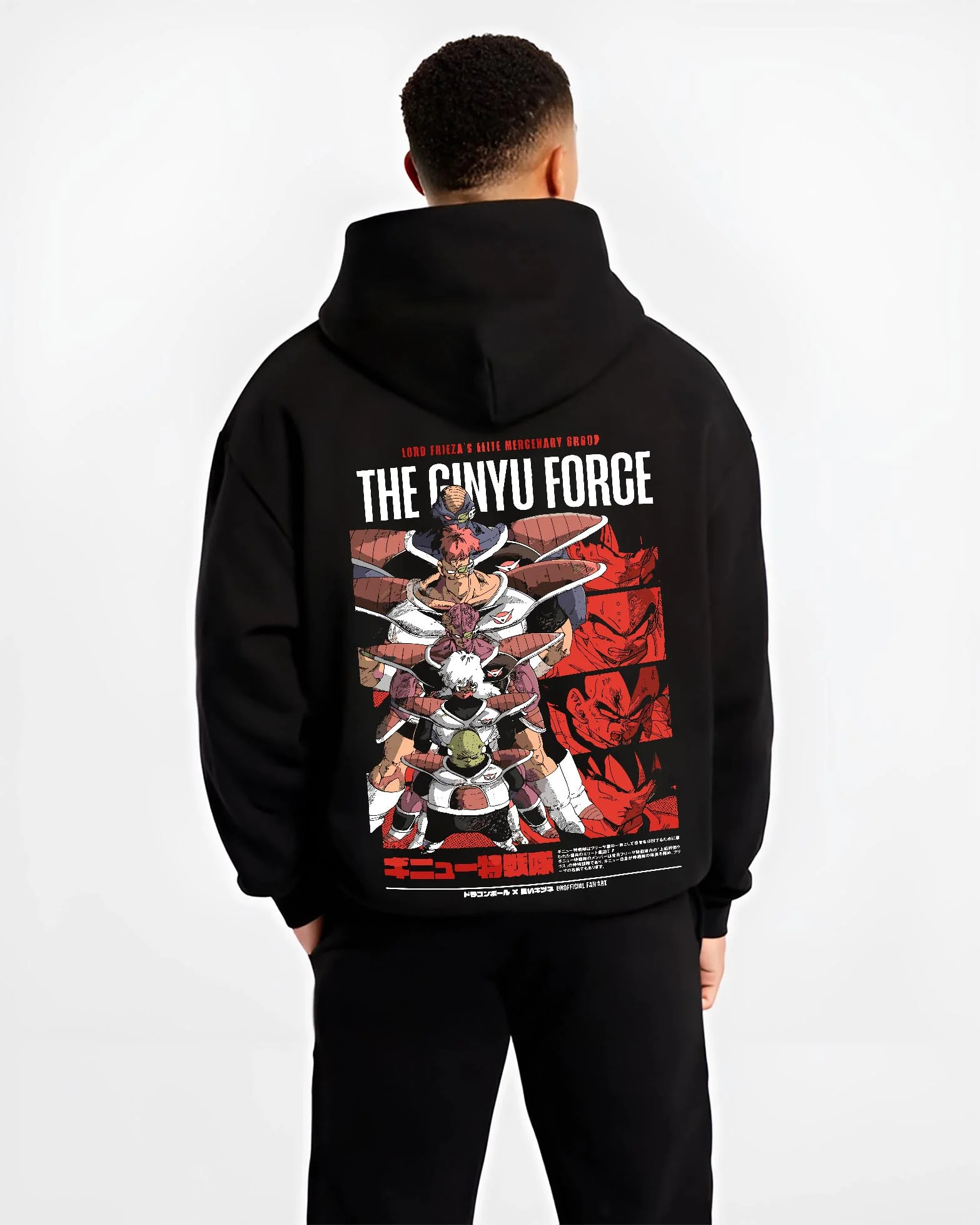 Black hoodie worn by male model, back view with Dragon Ball Z Hoodie Ginyu Force Squad Jumper graphic streetwear graphic.