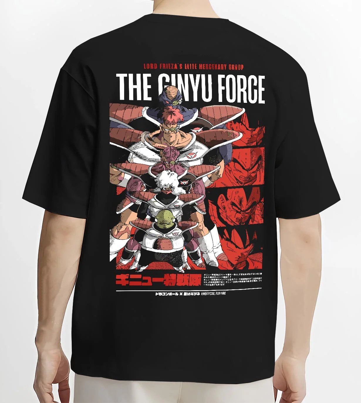 Black T-shirt worn by male model, back view with Dragon Ball Z Hoodie Ginyu Force Squad Jumper graphic streetwear graphic.