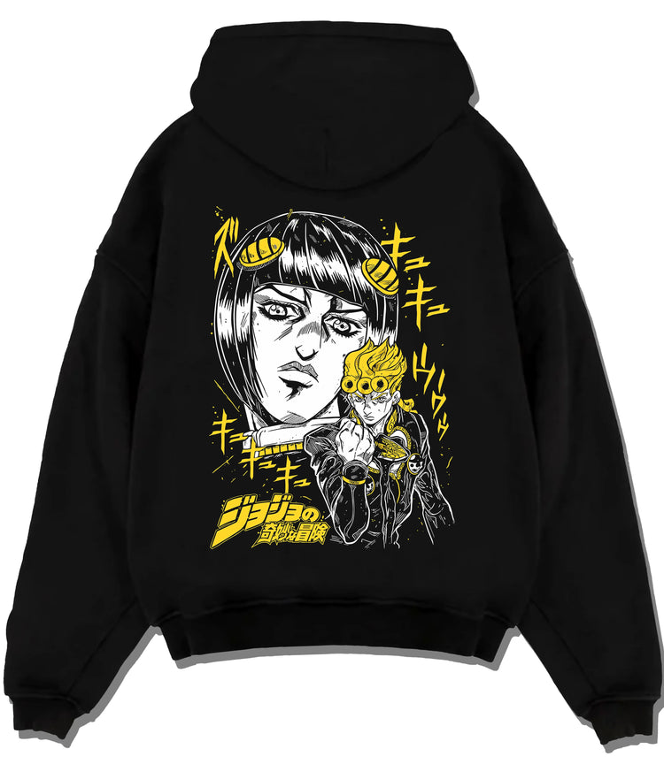 Black hoodie flat back view with Giorno Giovanna with Gold Experience from JoJo's Bizarre Adventure illustrated back graphic