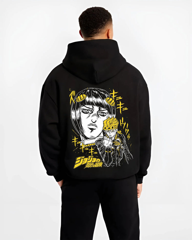 Black hoodie model back view with Giorno Giovanna with Gold Experience from JoJo's Bizarre Adventure illustrated back graphic