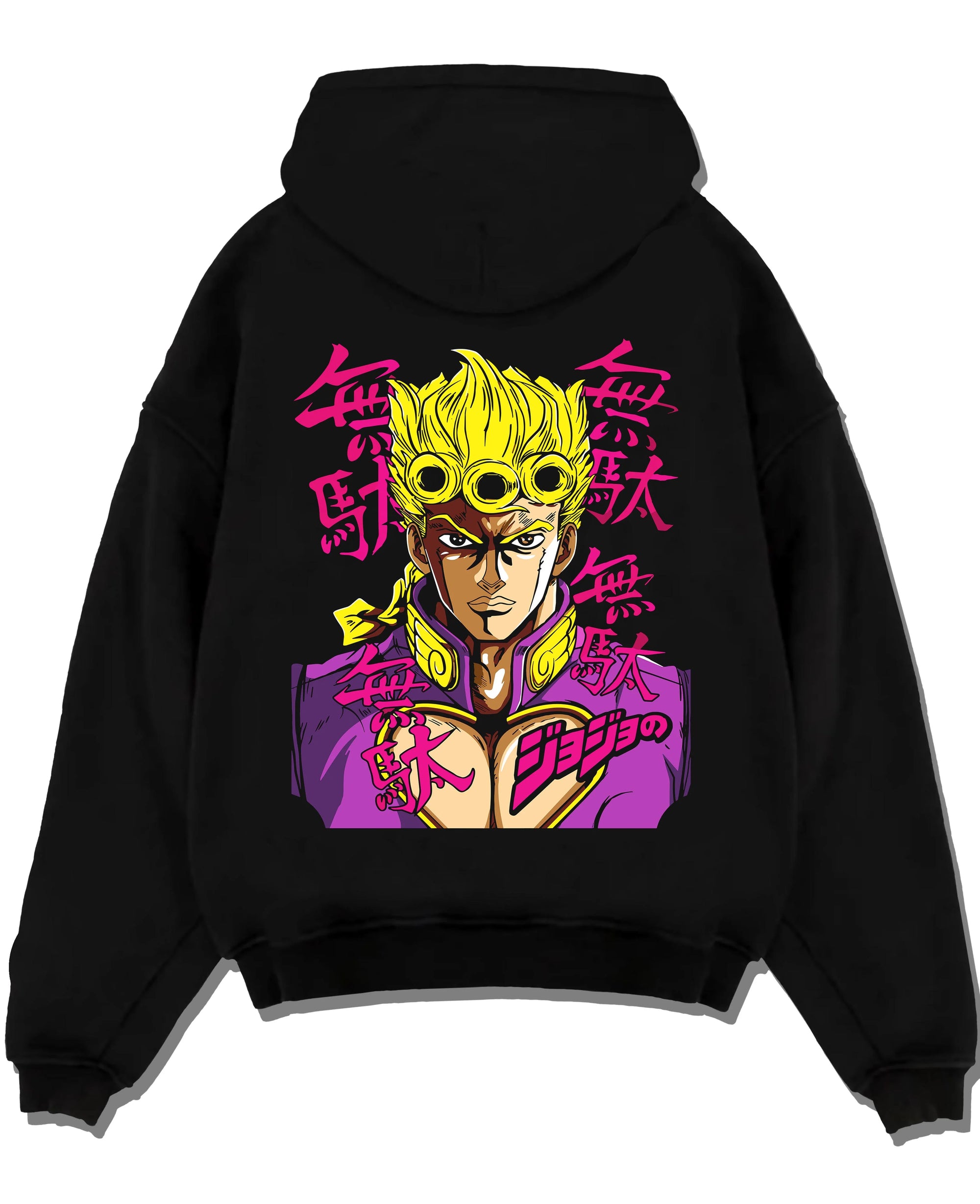 Black pullover hoodie laid flat with JoJo’s Bizarre Adventure Hoodie Giorno Giovanna Jumper graphic premium wear.