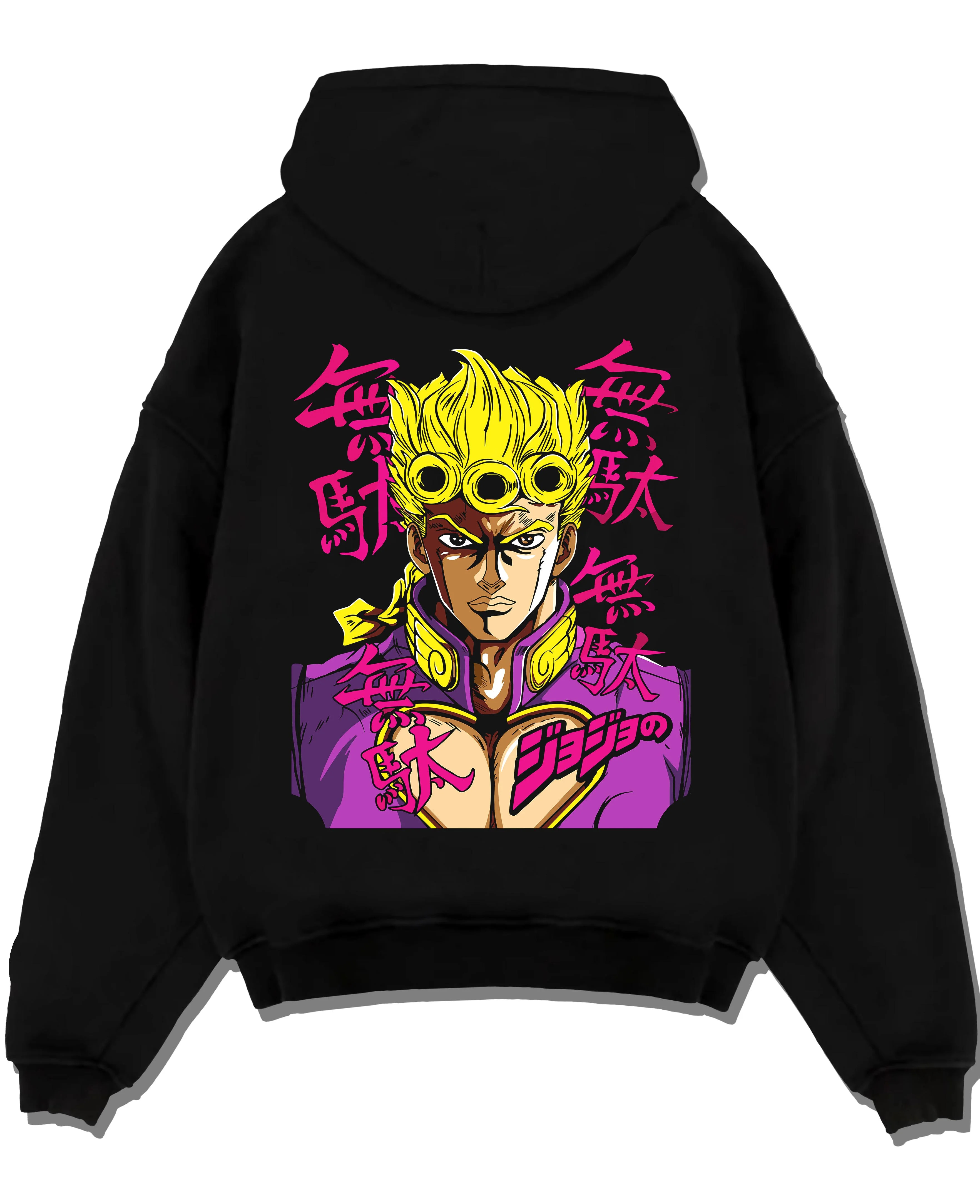 Black pullover hoodie laid flat with JoJo’s Bizarre Adventure Hoodie Giorno Giovanna Jumper graphic premium wear.