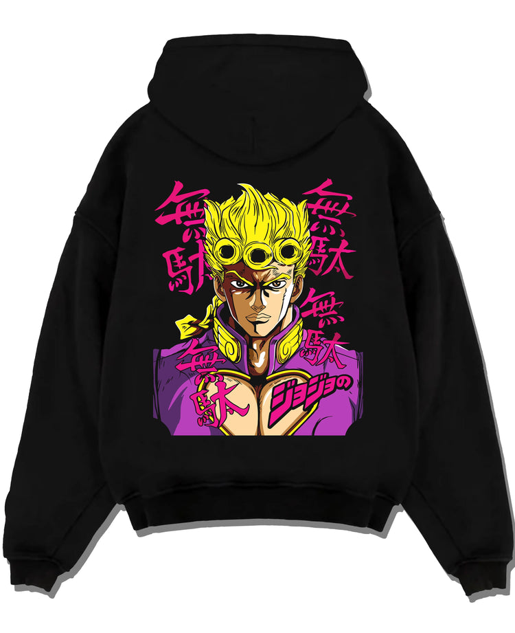 Black pullover hoodie laid flat with JoJo’s Bizarre Adventure Hoodie Giorno Giovanna Jumper graphic premium wear.