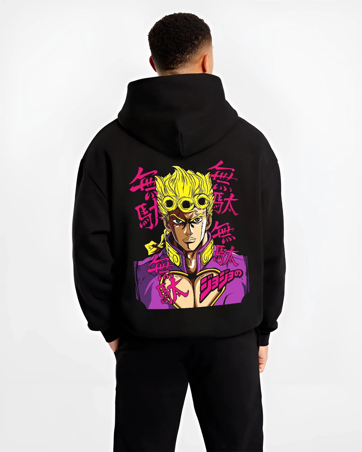 Black hoodie worn by male model, back view with JoJo’s Bizarre Adventure Hoodie Giorno Giovanna Jumper graphic bold anime graphic.