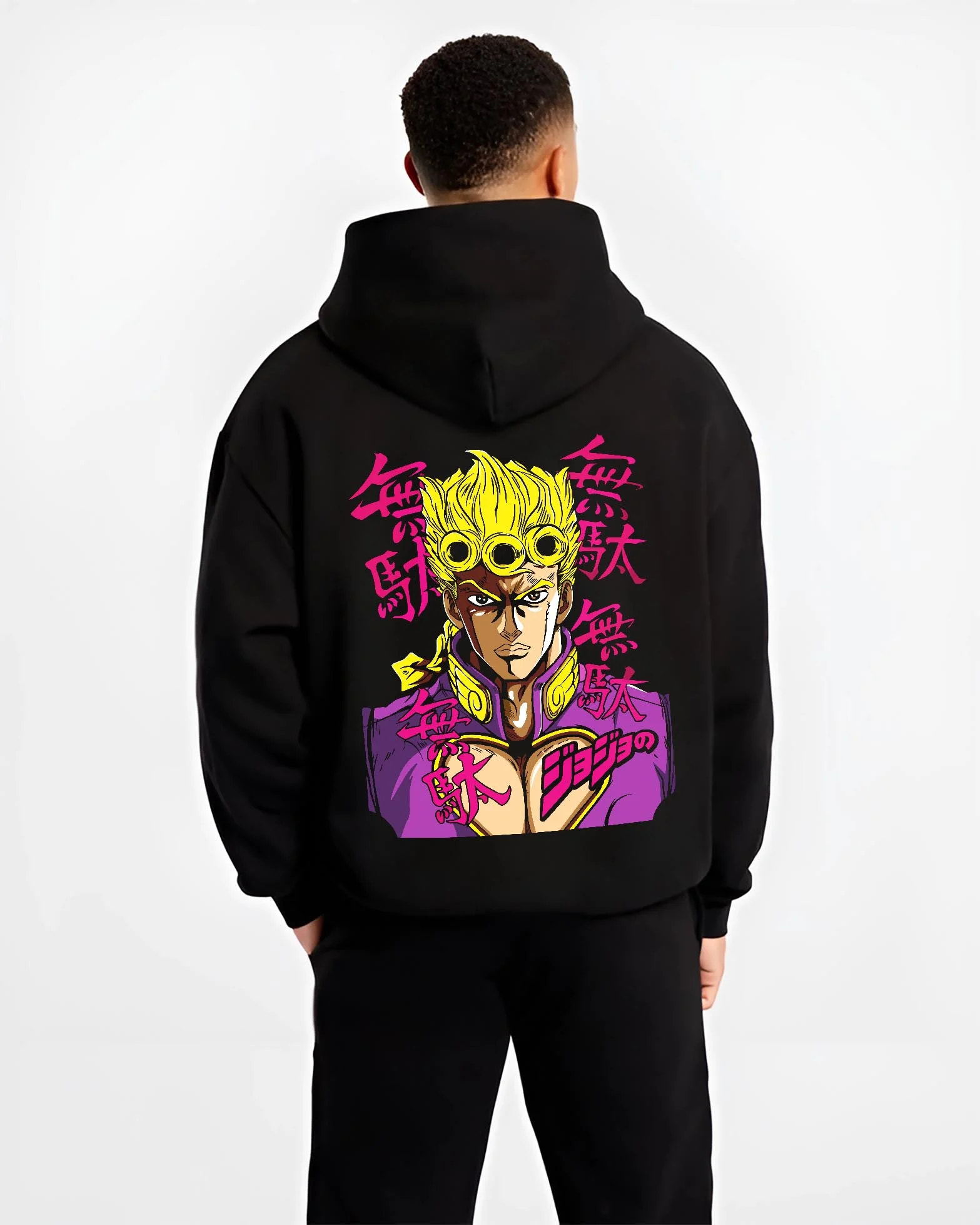 Black hoodie worn by male model, back view with JoJo’s Bizarre Adventure Hoodie Giorno Giovanna Jumper graphic bold anime graphic.