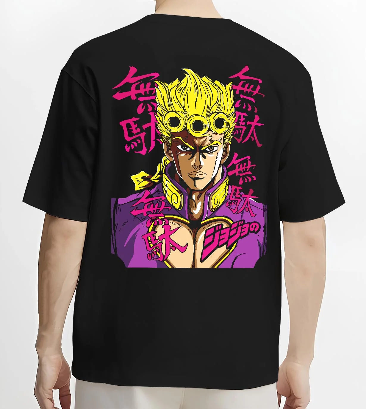 Black T-shirt worn by male model, back view with JoJo’s Bizarre Adventure Hoodie Giorno Giovanna Jumper graphic bold anime graphic.