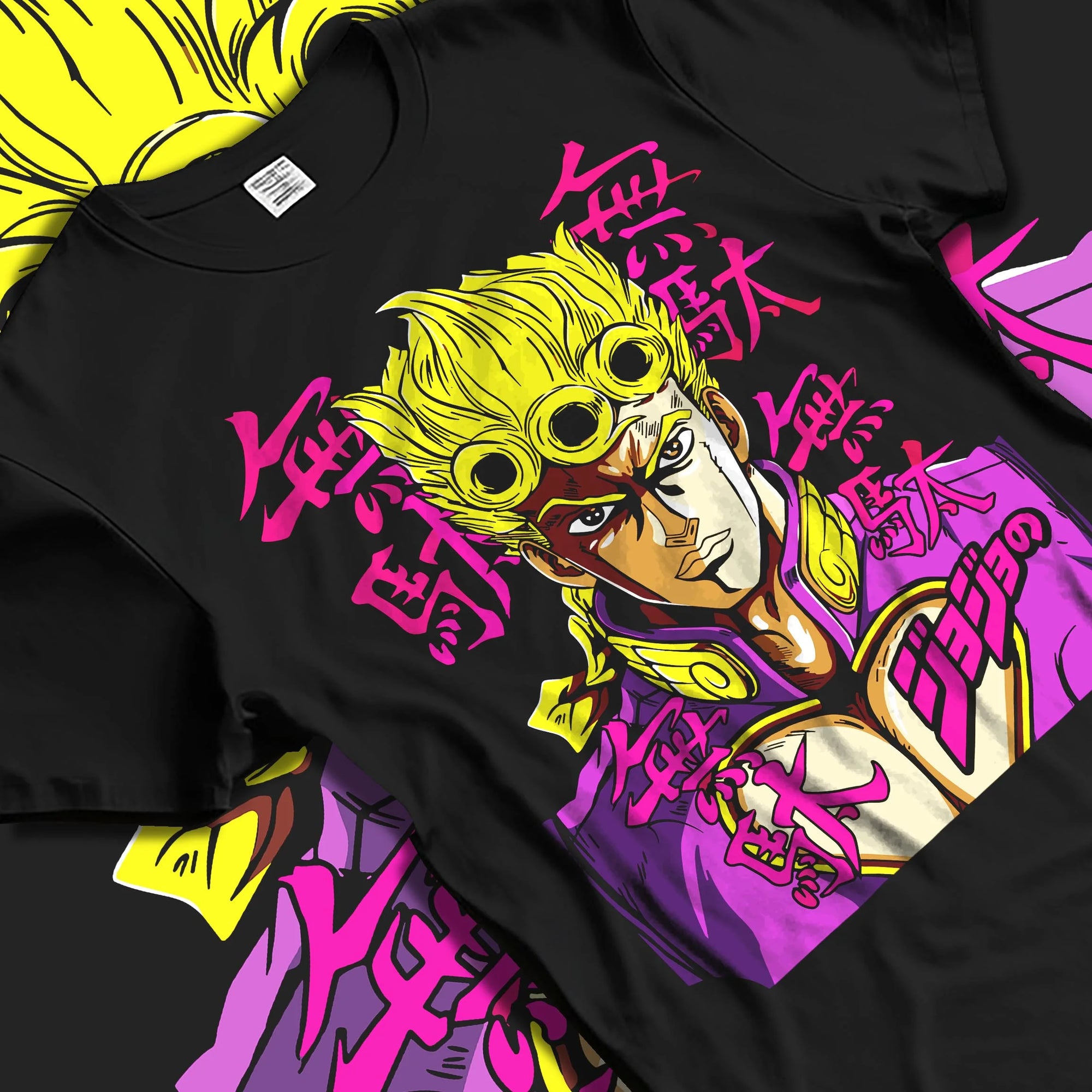 Black T-shirt laid flat with natural folds with JoJo’s Bizarre Adventure Hoodie Giorno Giovanna Jumper graphic streetwear graphic.