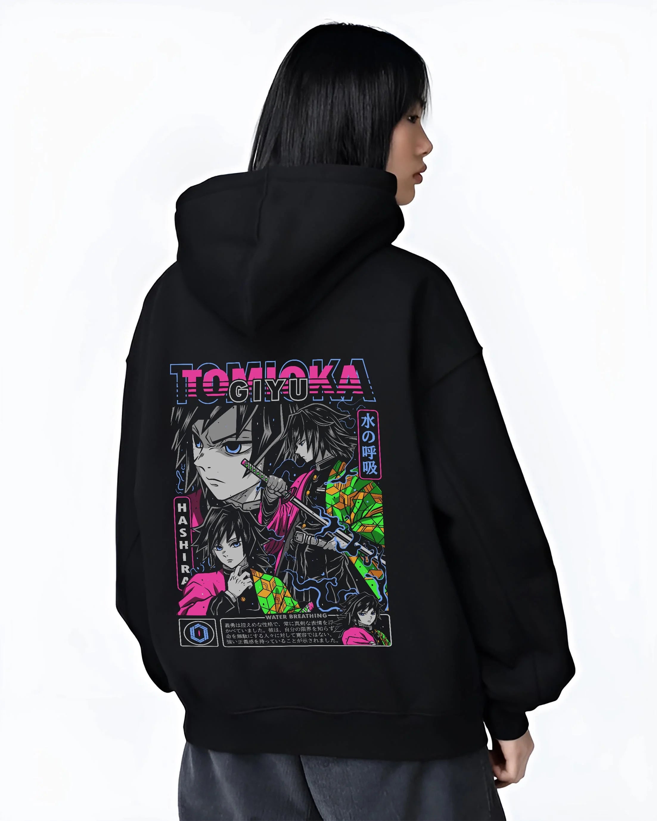Black hoodie worn by female model, back view with Giyu Hoodie Demon Slayer Water Hashira Dual Faces graphic streetwear graphic.