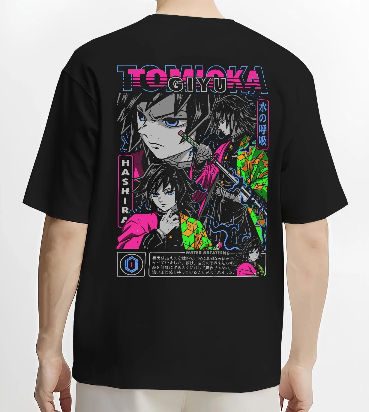 Black T-shirt worn by male model, back view with Giyu Hoodie Demon Slayer Water Hashira Dual Faces graphic streetwear graphic.