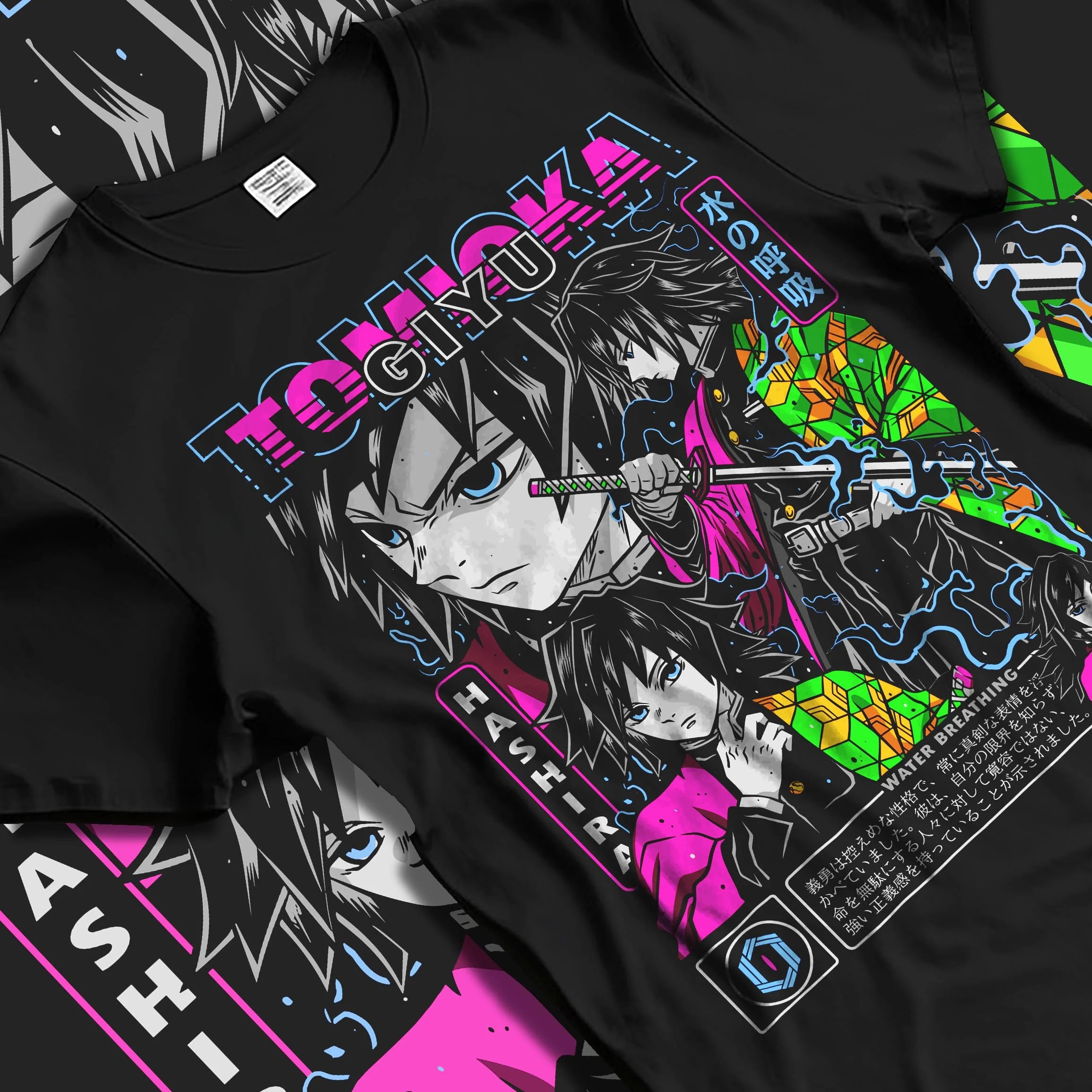 Black T-shirt laid flat with natural folds with Giyu Hoodie Demon Slayer Water Hashira Dual Faces graphic premium wear.