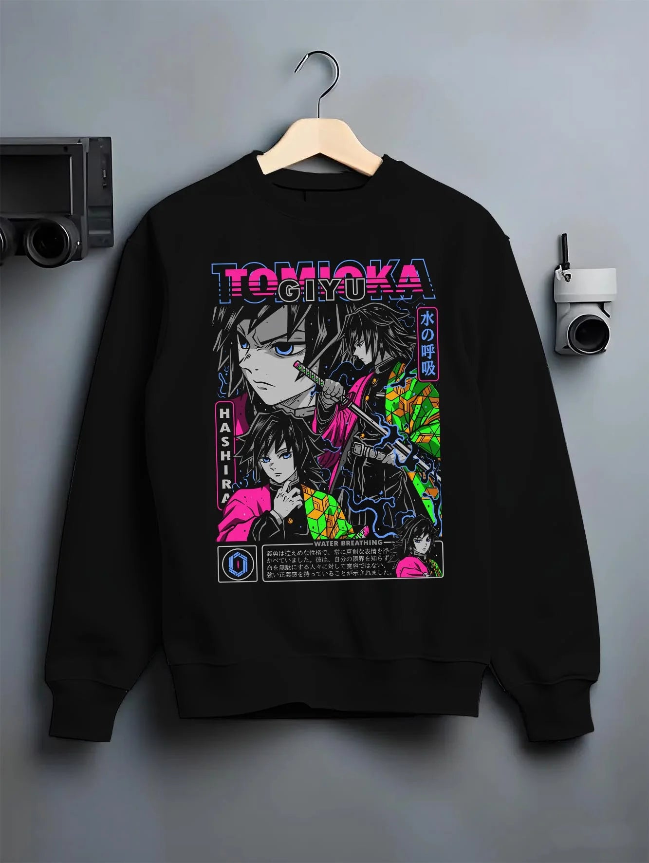 Black crewneck sweatshirt on hanger with Giyu Hoodie Demon Slayer Water Hashira Dual Faces graphic premium wear.