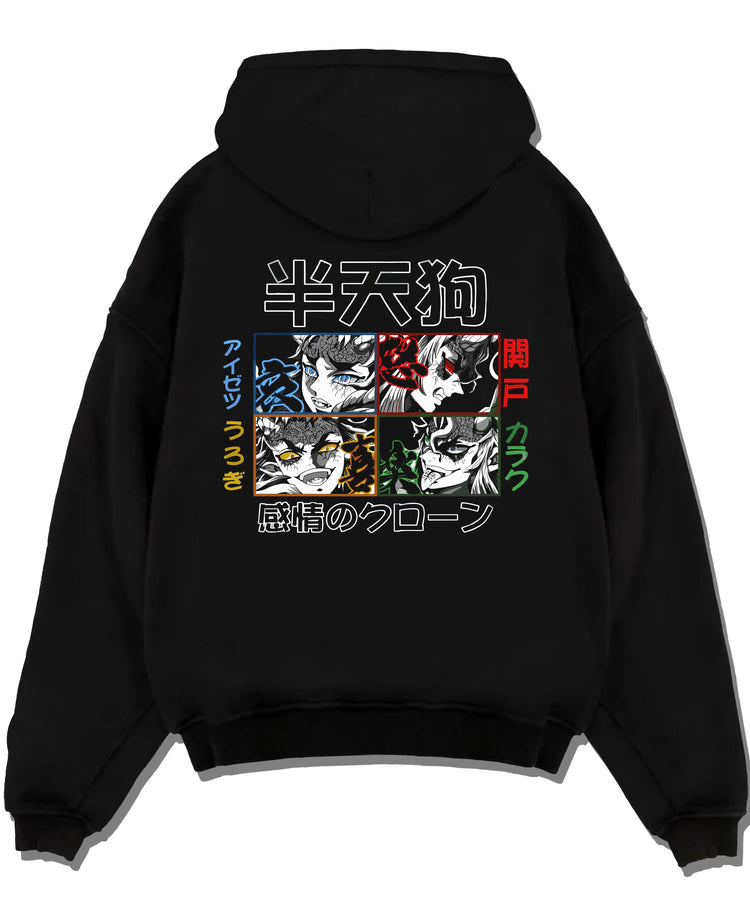 Black pullover hoodie laid flat with Giyu Hoodie Demon Slayer Half Demon Clone Variant graphic bold anime graphic.