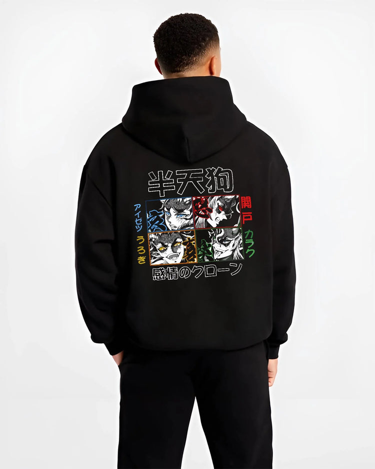 Black hoodie worn by male model, back view with Giyu Hoodie Demon Slayer Half Demon Clone Variant graphic premium wear.
