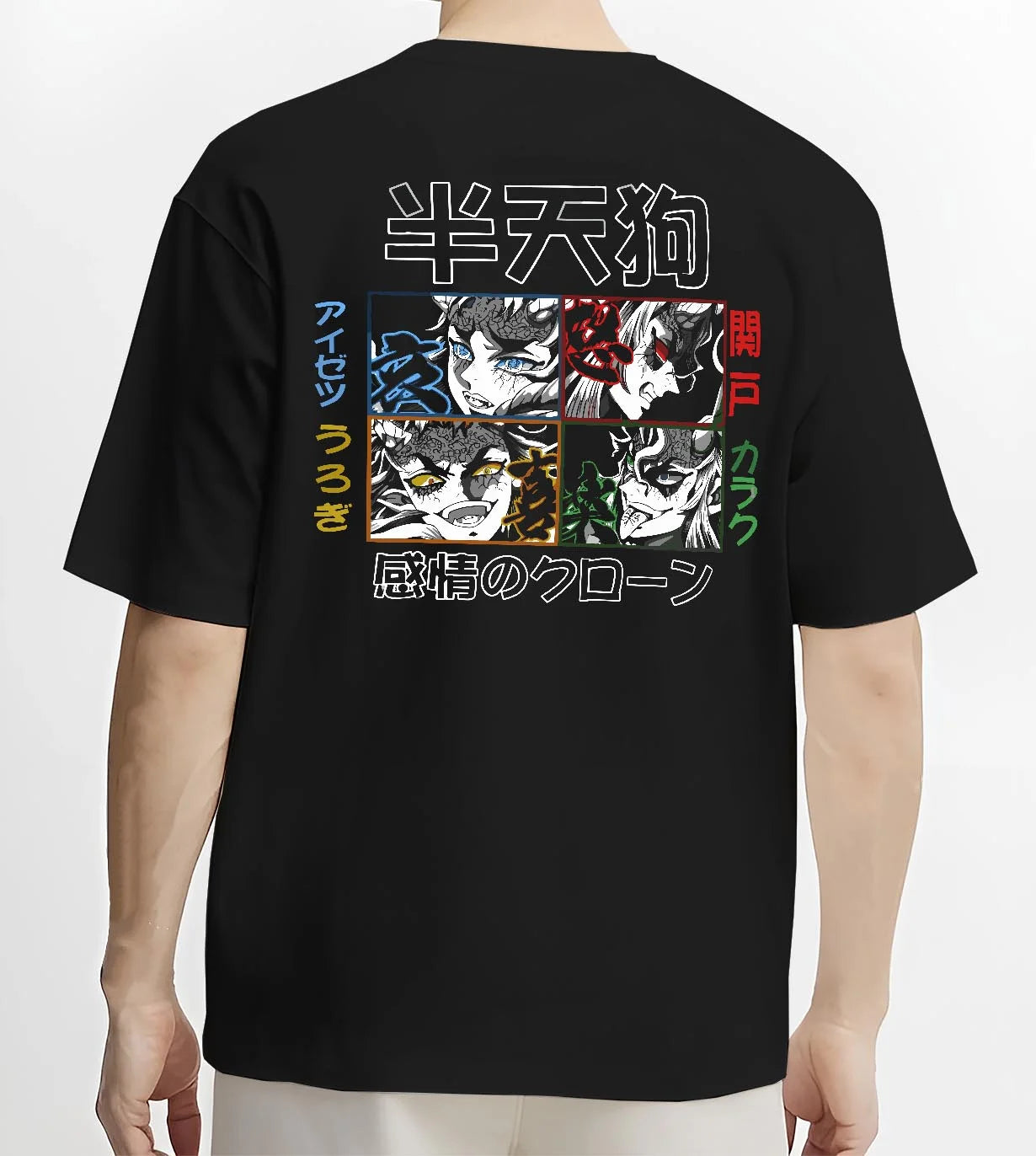 Black T-shirt worn by male model, back view with Giyu Hoodie Demon Slayer Half Demon Clone Variant graphic premium wear.