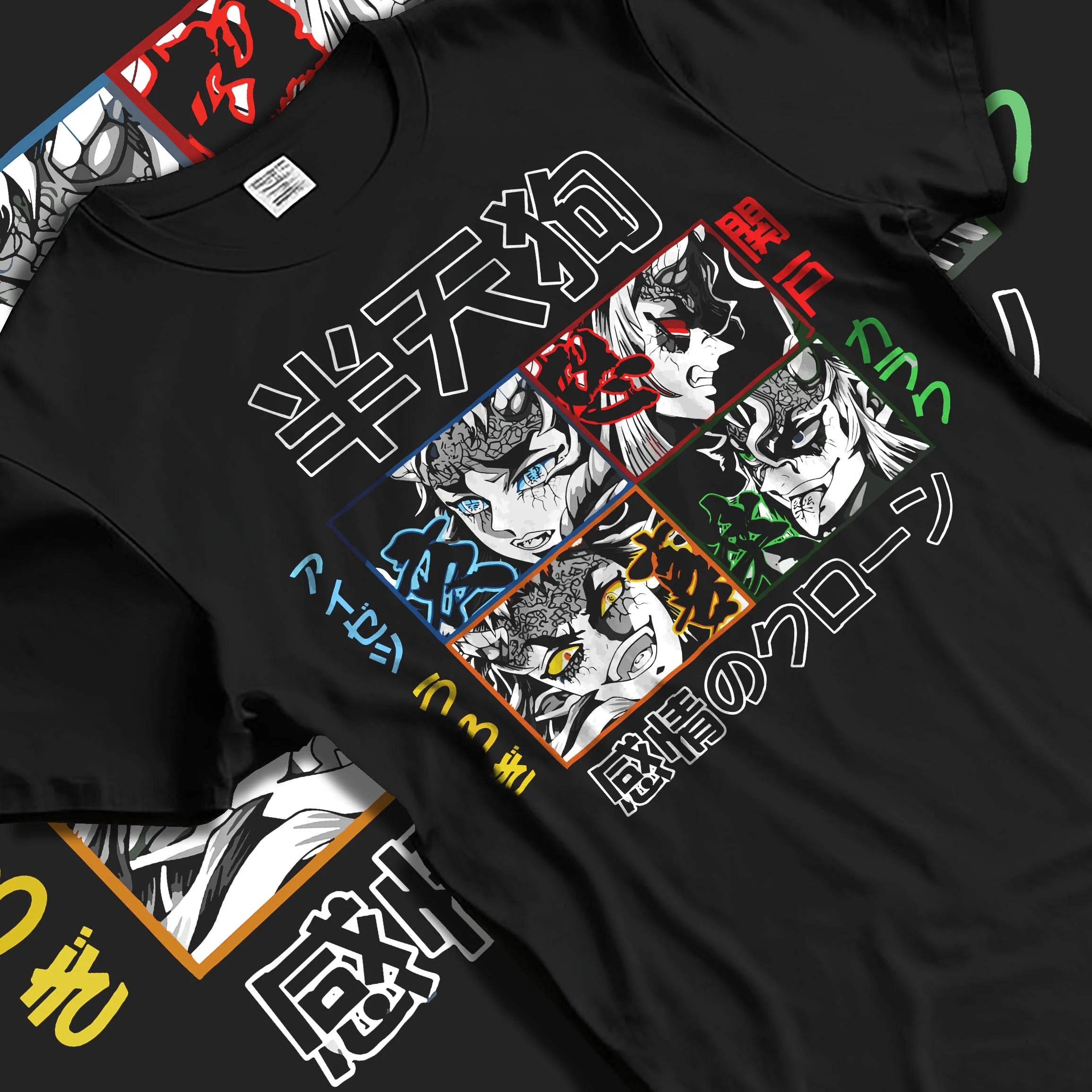 Black T-shirt laid flat with natural folds with Giyu Hoodie Demon Slayer Half Demon Clone Variant graphic bold anime graphic.