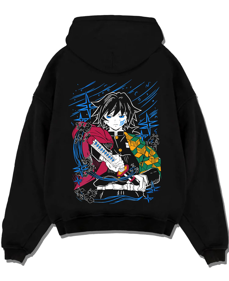 Black pullover hoodie laid flat with Demon Slayer Hoodie Giyu Tomioka Water Hashira Jumper graphic bold anime graphic.