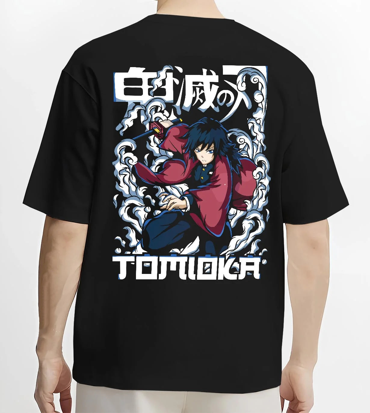 Black T-shirt worn by male model, back view with Demon Slayer Hoodie Giyu Tomioka Dynamic Pose Jumper graphic premium wear.