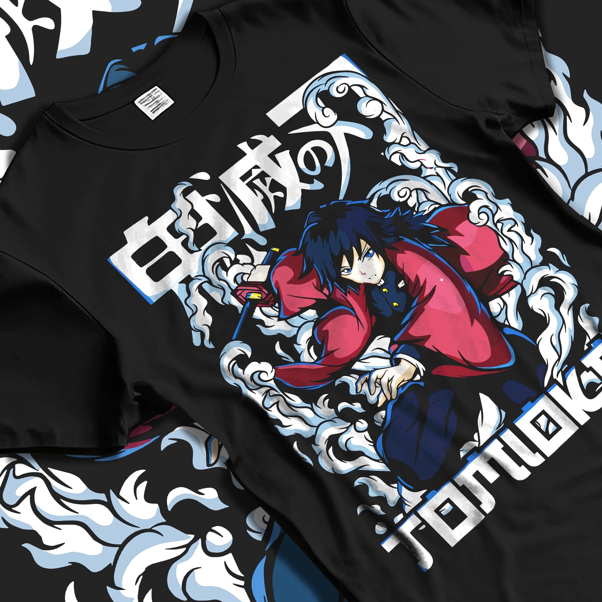 Black T-shirt laid flat with natural folds with Demon Slayer Hoodie Giyu Tomioka Dynamic Pose Jumper graphic streetwear graphic.