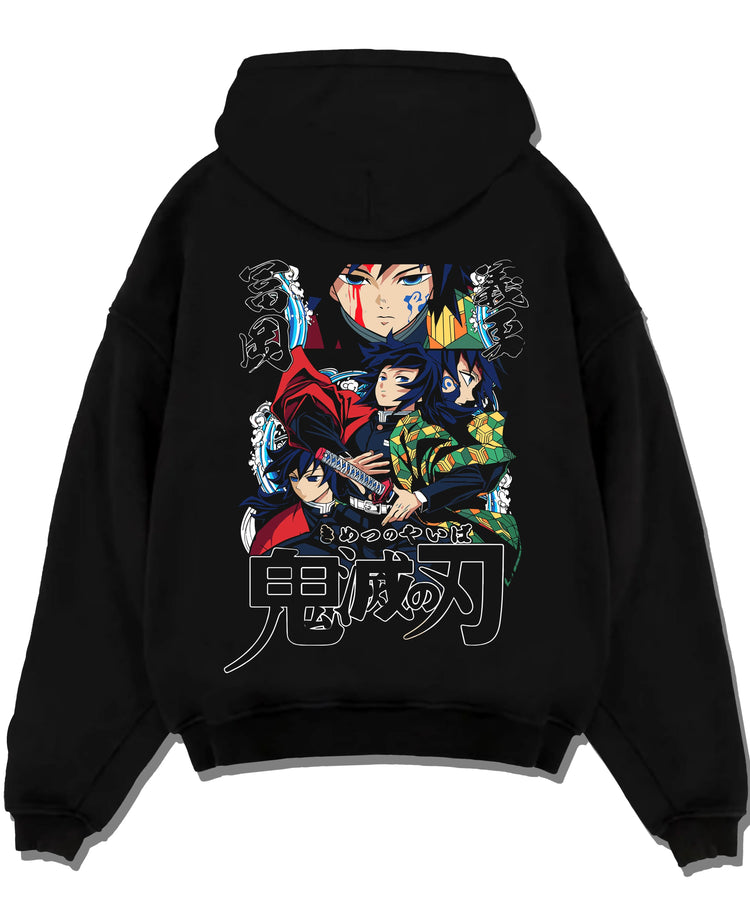 Black pullover hoodie laid flat with Demon Slayer Hoodie Giyu Tomioka Water Pillar Jumper graphic premium wear.